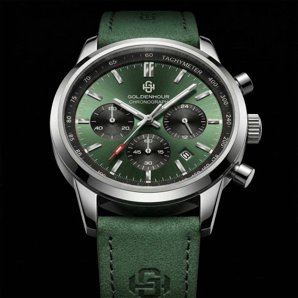 Men's Chronograph Watch – Green Strap & Black Dial
