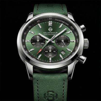 Men's Chronograph Watch – Green Strap & Black Dial