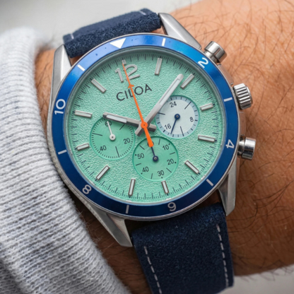 Men's Chronograph Watch – Turquoise Dial & Blue Strap